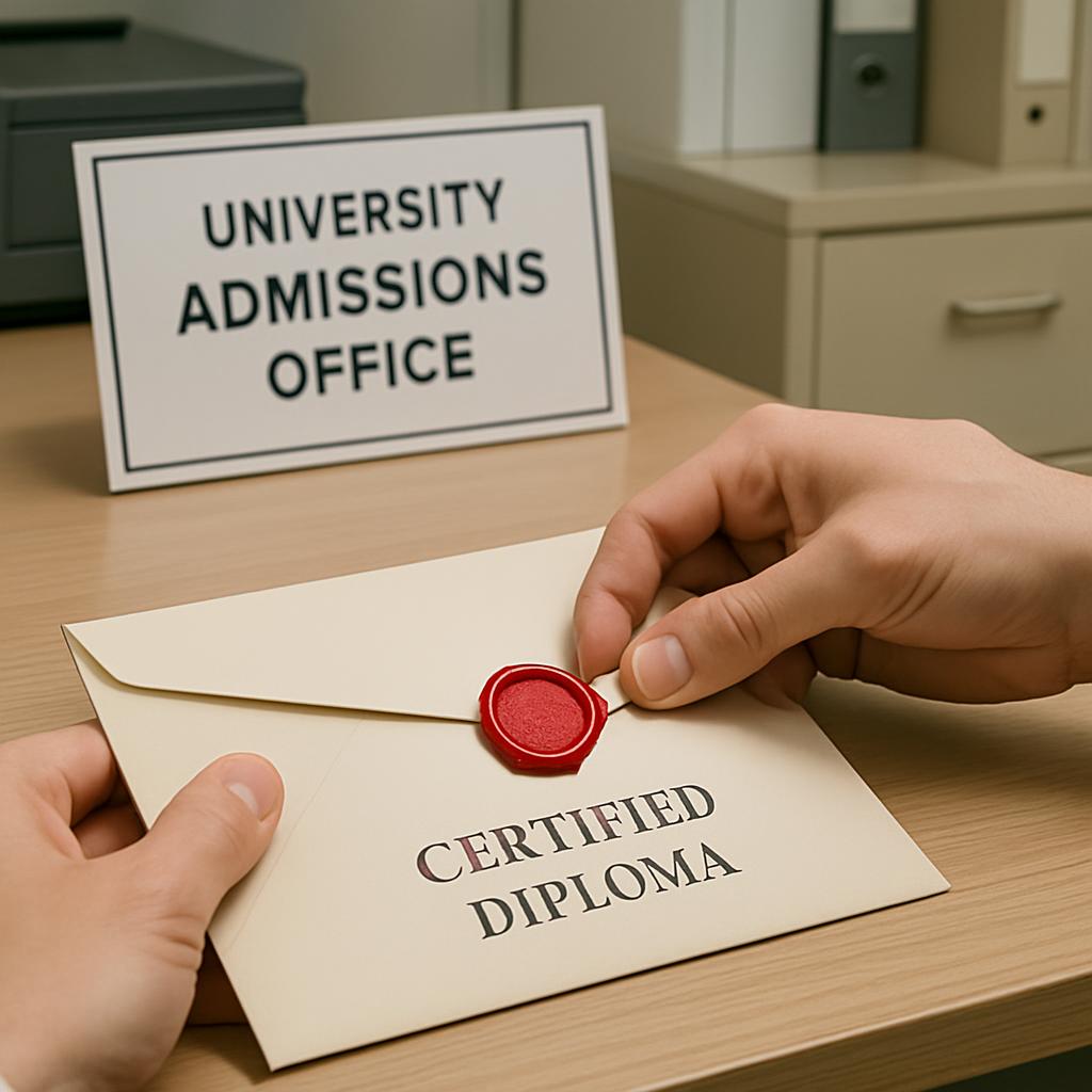 "Envelope with certified diploma and University Admissions Office sign".