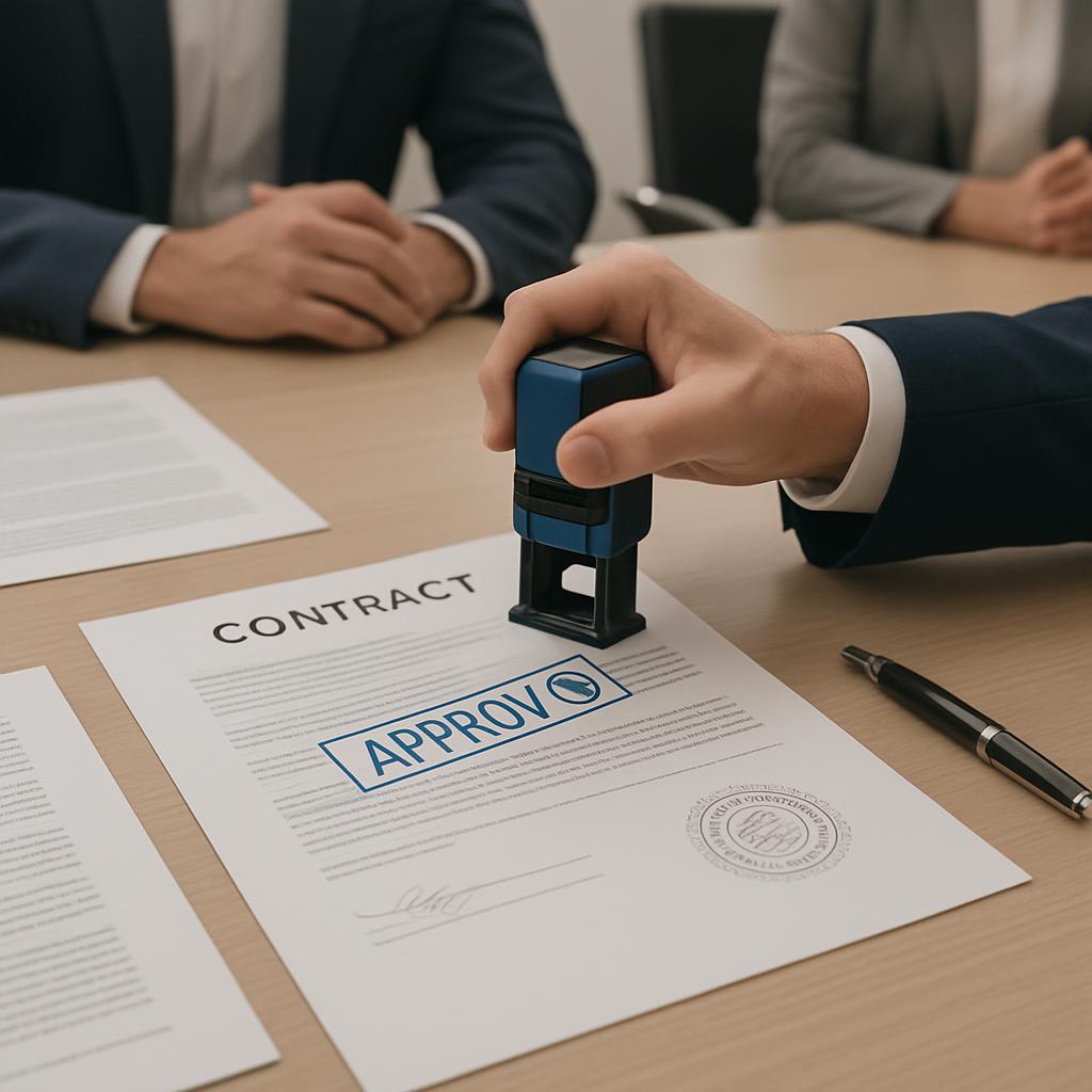 Um homem em um terno utilize um estampilador na base de um contrato e um lápis de coração próximo ao papel. Uma mulher ves...